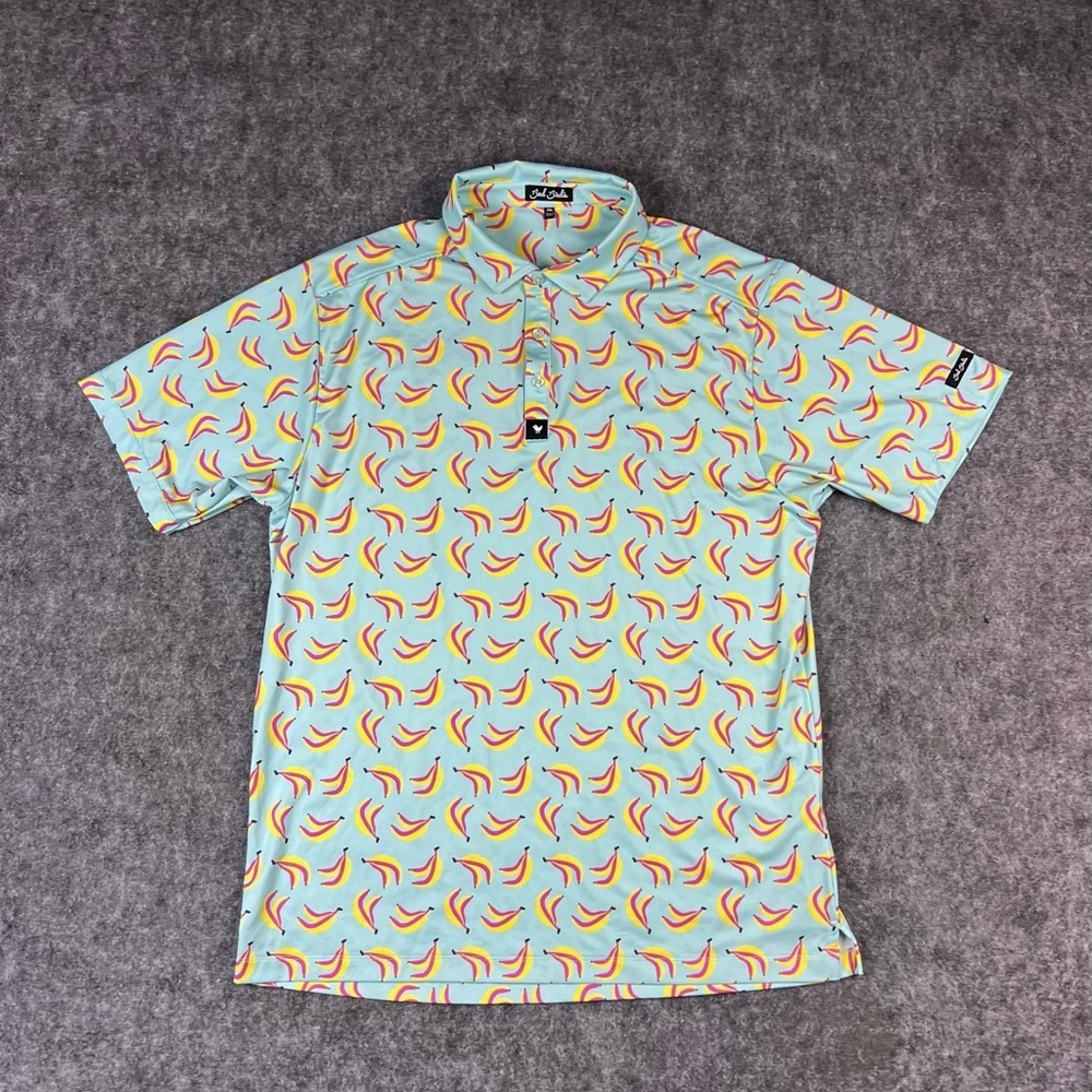 Bad Birdie Polo Shirt Mens Size 2XL Blue Banana AOP Performance Golf Wicking